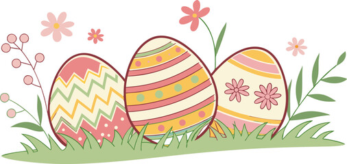 Decorative Easter Eggs in Grass – Cute Spring Holiday Illustration with Flowers
