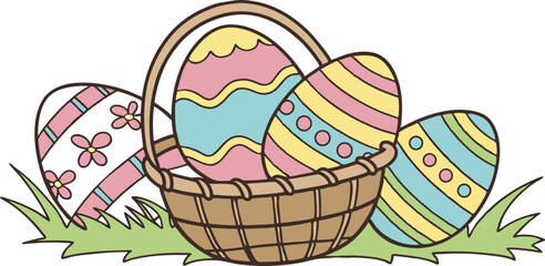 Cute Pastel Easter Eggs in Basket &ndash; Hand-Drawn Style Holiday Illustration