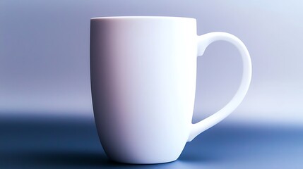 A plain white coffee mug positioned on a sleek surface with a soft gradient background