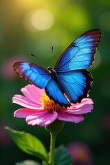 Obraz premium Cobalt blue butterfly perched on flower, sunlight, nature scene, wildlife