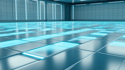 High-tech digital network grid with blue glowing lines and floating data nodes, 3D perspective, representing global connectivity and information flow.