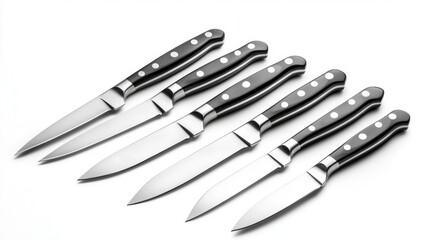 Obraz premium A set of six knives with black handles and silver blades
