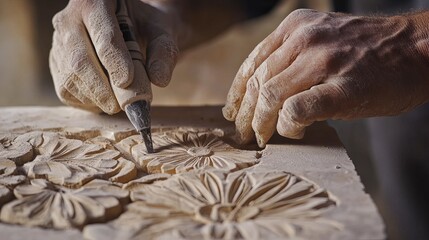 Mason carving stone for a decorative wall. Featuring craftsmanship and artistry