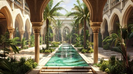 Obraz premium A beautiful courtyard with a long green pool and palm trees