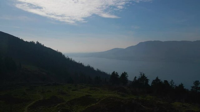 Mountain top view of spectacular large lake and forest. Rostrevor, Down, Northern Ireland