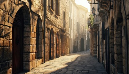 Obraz premium Sunlight filters through a narrow, ancient stone-paved alleyway.