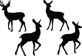 Obraz premium Elegant Vector Silhouette Set Highlighting Four Unique Deer Designs Capturing Male and Female Poses in Distinct Black-and-White Style, Perfect for Wildlife-Themed Artwork, Creative Illustrations
