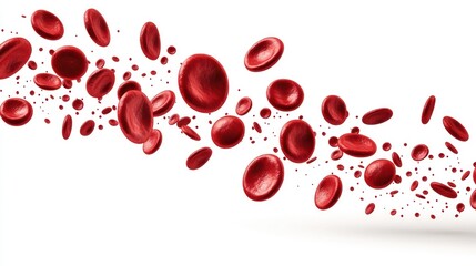 Red blood cells flowing, white background, medical illustration, healthcare