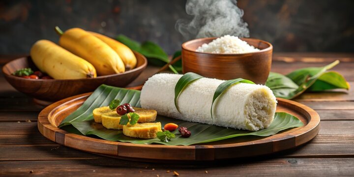 Traditional South Indian puttu made of rice flour and coconut served on a wooden plate with sliced banana and steaming hot kadala curry, tamil nadu specialty, rice flour puttu