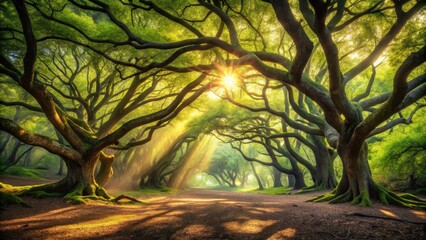 Obraz premium Serene forest landscape with twisted tree branches and dappled sunlight filtering through, peaceful forest, twisted trees