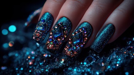 Sparkling, dark teal nails adorned with dazzling gems