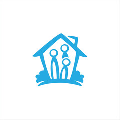 Simple and symbolic blue icon representing a family of three inside a house. This logo style vector is ideal for themes related to family support, community services, housing assistance, social work.