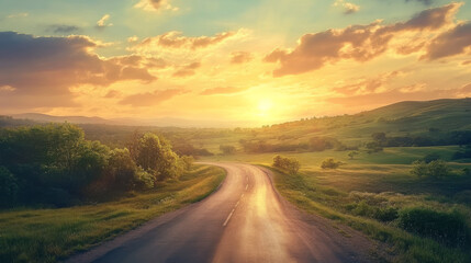 A peaceful countryside road cuts through lush green woods under a glowing sunset, capturing rural charm