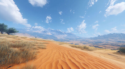 Vast desert landscape stretches to distant snow-capped mountains.