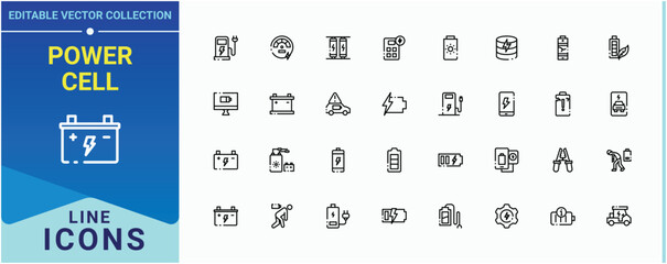 Power Cell modern icon. It contains symbols to charger, charge, charging, recharge and more. Battery icon collection. Minimalist icons pack. Editable stroke. Vector illustration.