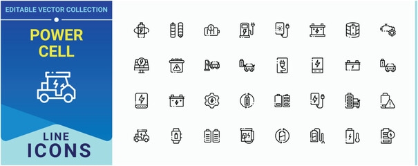 Power Cell modern icon. It contains symbols to charger, charge, charging, recharge and more. Battery icon collection. Minimalist icons pack. Editable stroke. Vector illustration.