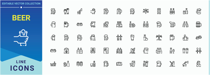 Beer vector icon set. Contain linear symbols alcohol, brew, bar, pub, brewery, drink and more. Minimal icons collection. Brewer icon. Vector illustration.