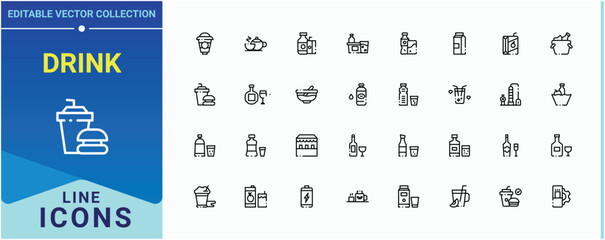 Drink icon. Contains such symbols as cocktail, juice, champagne, beer, drinks and more. Beverage icon set. Thin line icons set. Editable stroke. Vector collection.