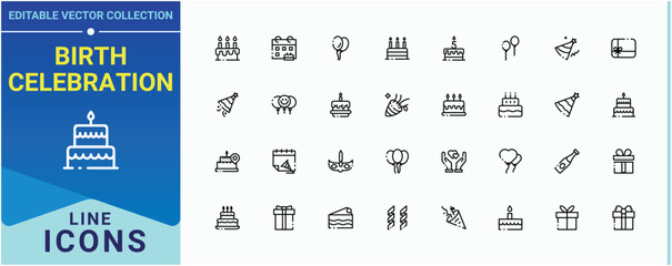 Birth Celebration line icon set. Related to surprise, celebrate, entertainment, happy decoration, party, event and more. Birthday simple icon. Outline icons in linear style. Vector illustration.