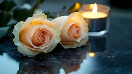 Fototapeta premium Two delicate roses and a single lit candle resting on a polished black granite slab, evoking a solemn, quiet atmosphere of remembrance and respect, with no text or inscriptions