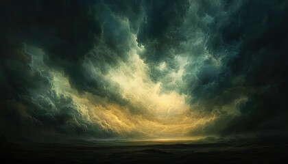 Dramatic, stormy cloudscapes with a golden, ominous light.