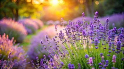 Naklejka premium Softly touching lavender flowers in a serene garden, peaceful landscape