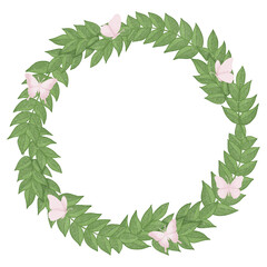 Floral wreath with green leaves and pink butterflies. Hand drawn illustration.