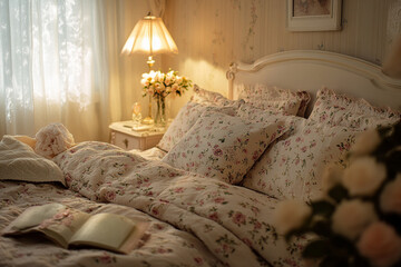 Cozy floral bedroom with soft lighting and a welcoming atmosphere perfect for relaxation and comfort