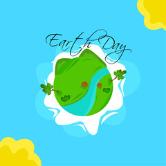 Flat vector illustration with cartoon Earth in a wreath of flowers holds a heart in her hands. Happy Earth Day concept
