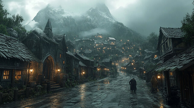 Misty mountain village, shrouded in rain and shadows.