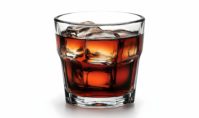 Glass of dark beverage with ice cubes on a white background, ideal for beverage advertising