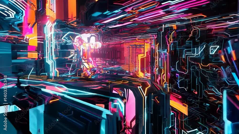 Poster Computer technology abstraction with connected hardware or data servers in neon lights of wires