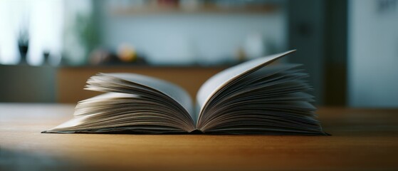 A book lies open on a wooden table, its pages curling slightly, bathed in warm, inviting light.