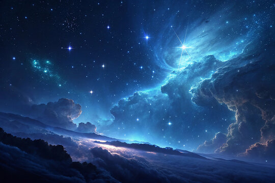 Blue Outer Space Background with Nebula Clouds and Stars &ndash; Dramatic 3D Galaxy Universe Render.