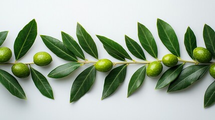 Olive Branch with Green Olives on White Background