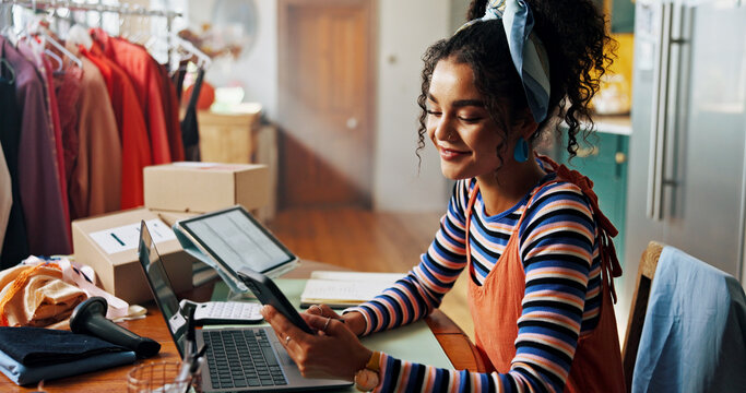 Woman, phone and smile for small business, ecommerce and fashion boutique startup with online sales. Designer, technology and digital website for internet store, retail service and quality control