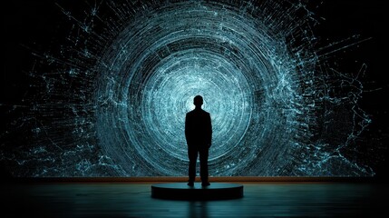 Person standing confidently, silhouette against an ethereal glowing background, exploring themes of technology and innovation.