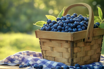 Freshly picked blueberries in a woven basket on a picnic blanket under sunlight in a garden