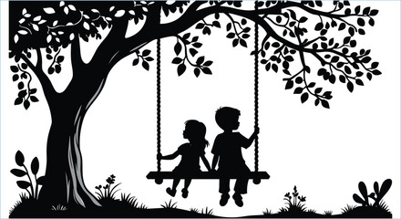 Tree swing with boy and girl holding hands silhouettes