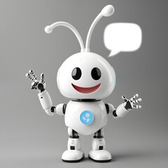 Naklejka premium Cute Friendly Robot Mascot with Antenna and Speech Bubble on Gray Background - AI Technology, Chatbot, Futuristic Assistant, Kid-Friendly Character Illustration