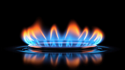 Burning gas ring on black background. Gas burner flame for cooking. Energy production and heating. Concept of fire power at night, dark fuel background for fireplace