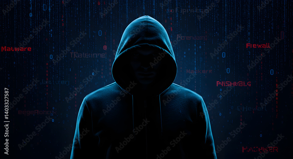 Poster mysterious hacker silhouette against binary code blue background concept of cyber crime and data sec