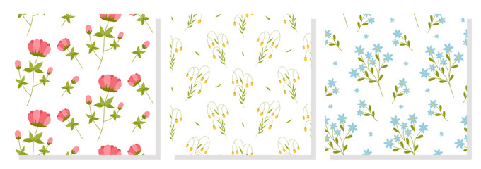 Collection of spring flower patterns. Summer wildflowers flat patterns. Perfect for fabric, textile, wallpaper, decor, print and packaging of products. Vector illustration in simple flat style.