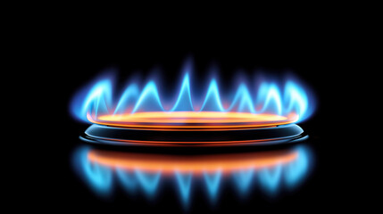 Burning gas ring on black background. Gas burner flame for cooking. Energy production and heating. Concept of fire power at night, dark fuel background for fireplace