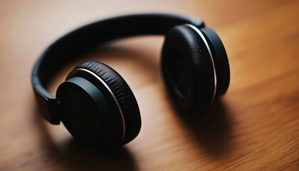 Black Headphones on Wooden Surface