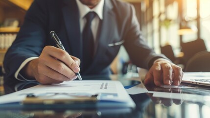A man is writing with a pen on a piece of paper. Concept of professionalism and focus