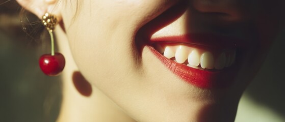 A cherry-themed earring paired with bright red lips, casting shadows on soft skin, merging whimsical charm with bold fashion.