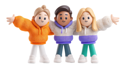 Cute 3D avatars of three people standing together in a playful design