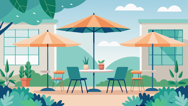 A serene outdoor patio area with umbrellacovered tables and potted plants offering a peaceful dining experience for students.