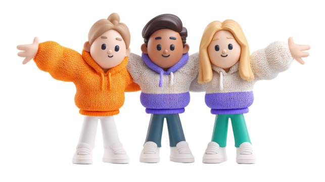 Cute 3D avatars of three people standing together in a playful design